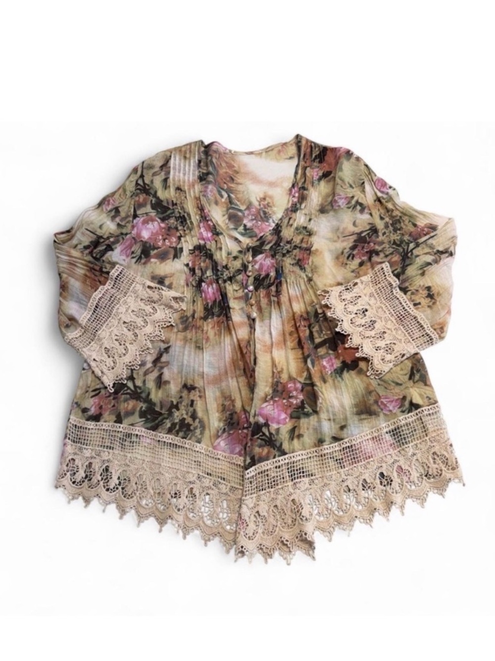 Floral Boho Lace Trim Blouse Top Women’s Medium Fairy Cottage Romantic Summer